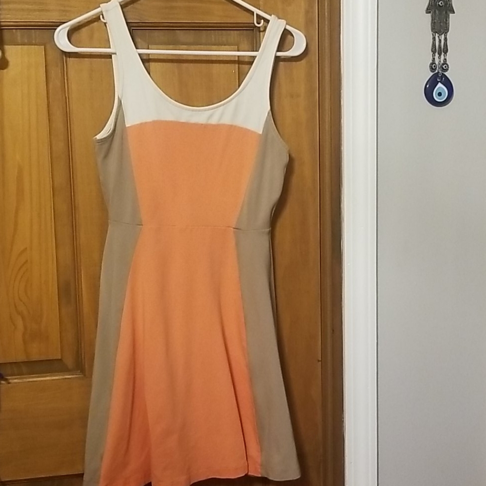 Express, coral orange, tan, cream mini dress